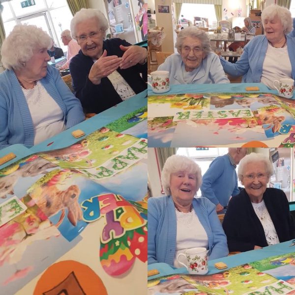 Two older women with white hair are pictured in three different portraits, socialising and playing. 